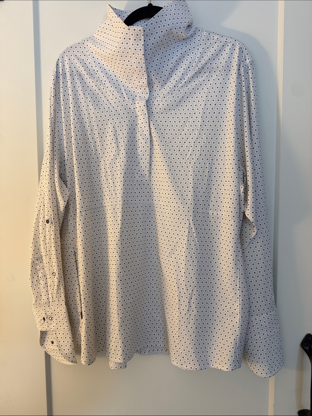 Dot-Print White Button-Down Long Sleeve Top